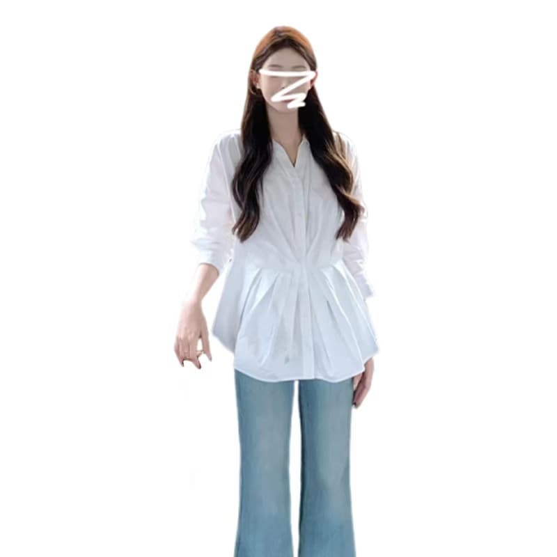 화이트 셔츠 재킷 여성 2025 새로운 봄 가을 고유 한 아름다운 작은 셔츠 긴팔 허리 수축 맨위 이미지 5