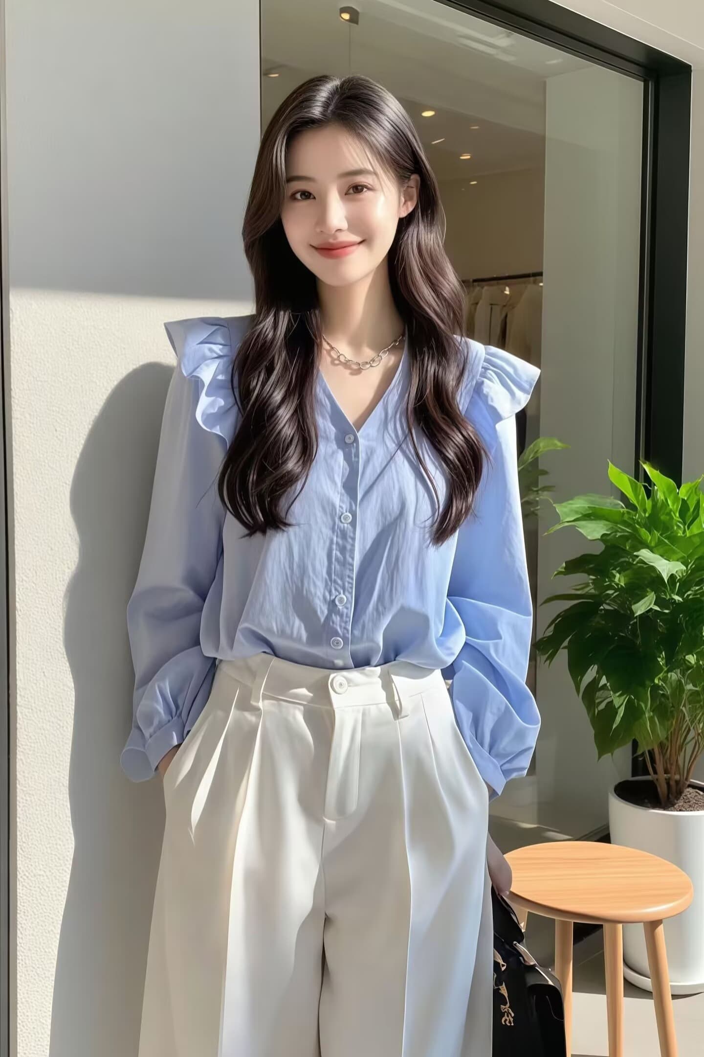 올해 인기 ~ 중 아름다운 작은 셔츠 빛 럭셔리 고급 센스 프랑스식 작은 대중 아름다운 파란색 긴팔 여성 셔츠 상세 이미지 1