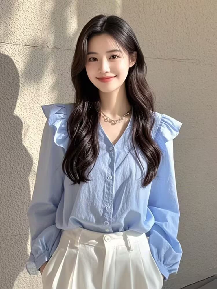 올해 인기 ~ 중 아름다운 작은 셔츠 빛 럭셔리 고급 센스 프랑스식 작은 대중 아름다운 파란색 긴팔 여성 셔츠 상세 이미지 5