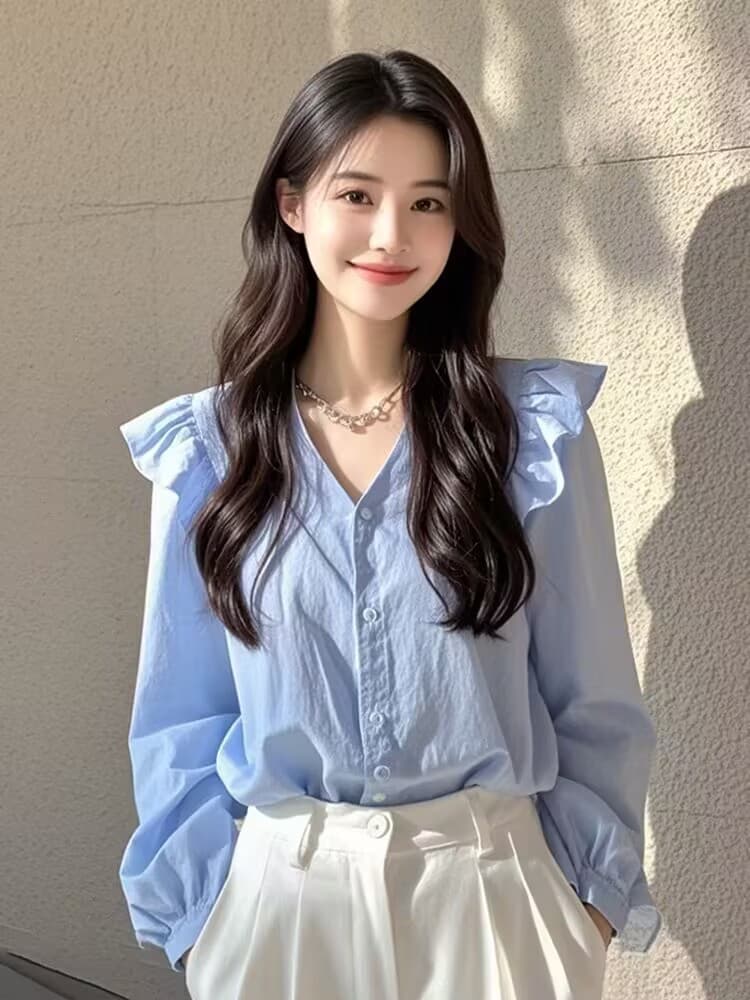 올해 인기 ~ 중 아름다운 작은 셔츠 빛 럭셔리 고급 센스 프랑스식 작은 대중 아름다운 파란색 긴팔 여성 셔츠 상세 이미지 8