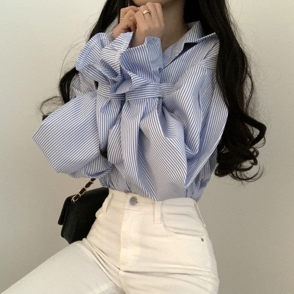 한국 chic 디자인 센스 작은 대중 핀 스트라이프 루즈핏 여성 셔츠 미니멀리즘 인사이드 가져 가라. 긴팔 맨위 상세 이미지 8