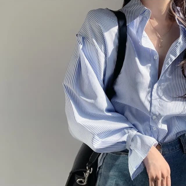 한국 chic 디자인 센스 작은 대중 핀 스트라이프 루즈핏 여성 셔츠 미니멀리즘 인사이드 가져 가라. 긴팔 맨위 이미지 4