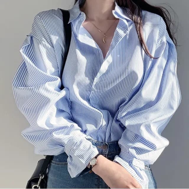 한국 chic 디자인 센스 작은 대중 핀 스트라이프 루즈핏 여성 셔츠 미니멀리즘 인사이드 가져 가라. 긴팔 맨위 상세 이미지 4