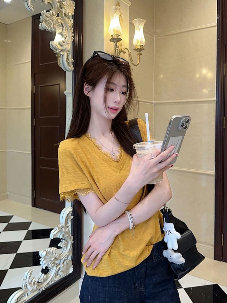 원본 품질 레이스 조각 반팔 티셔츠 여름 디자인 센스 스트라이프 질감 센스 루즈핏 맨위 상세 이미지 15