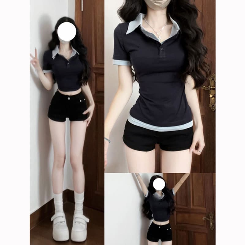 원본 품질 아메리칸 순수한 욕망 POLO 칼라 반팔 티셔츠 여름 디자인 페이크 레이어드 몸매 가꾸기 쇼트 스타일 맨위 상세 이미지 2