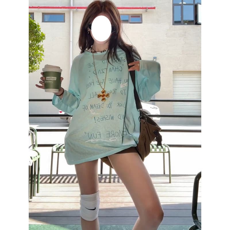초기 가을 도파민 chic 한 부서 새로운 루즈핏 만나는 긴팔 알파벳 프린트 티셔츠 자외선 차단 맨위 이미지 2