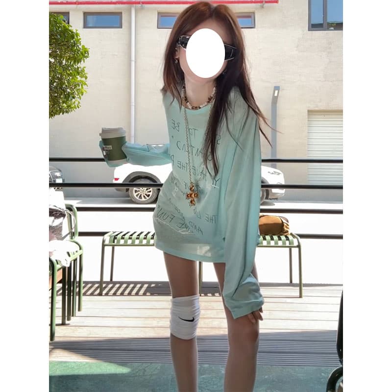 초기 가을 도파민 chic 한 부서 새로운 루즈핏 만나는 긴팔 알파벳 프린트 티셔츠 자외선 차단 맨위 이미지 3