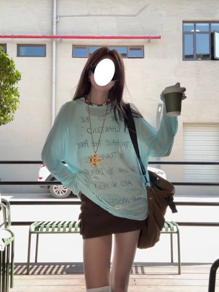 초기 가을 도파민 chic 한 부서 새로운 루즈핏 만나는 긴팔 알파벳 프린트 티셔츠 자외선 차단 맨위 상세 이미지 3