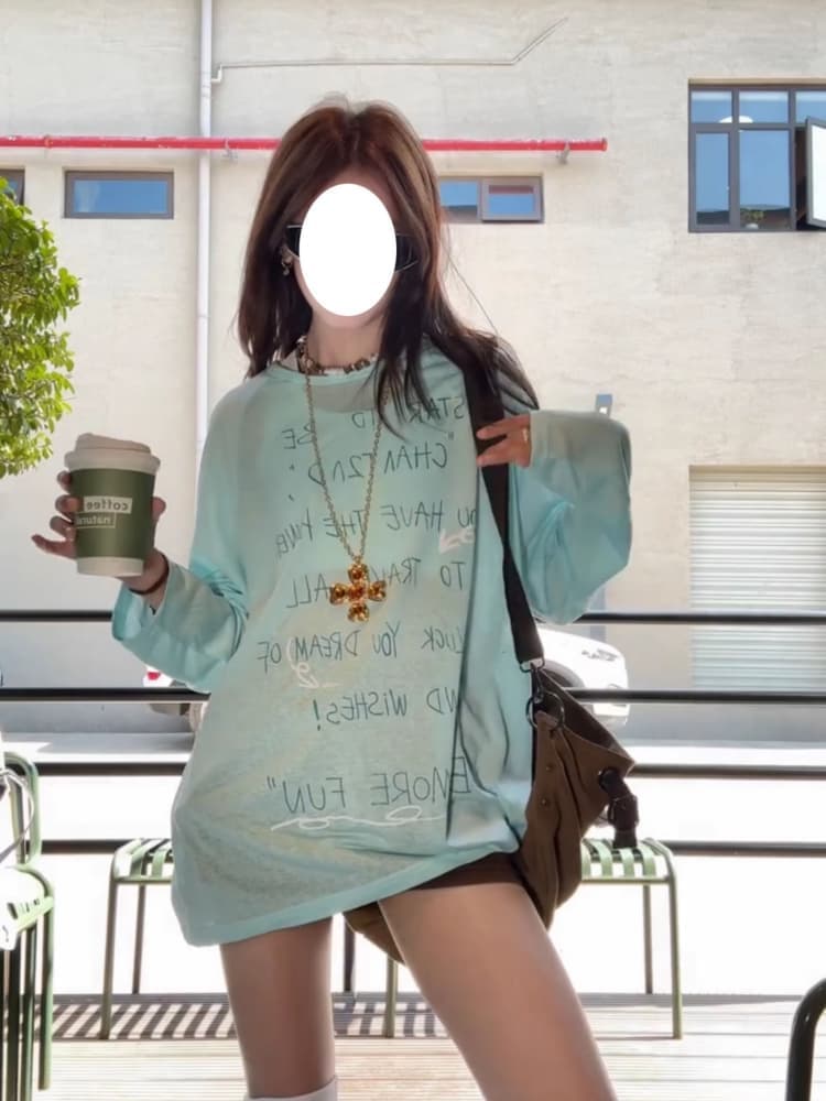 초기 가을 도파민 chic 한 부서 새로운 루즈핏 만나는 긴팔 알파벳 프린트 티셔츠 자외선 차단 맨위 상세 이미지 4