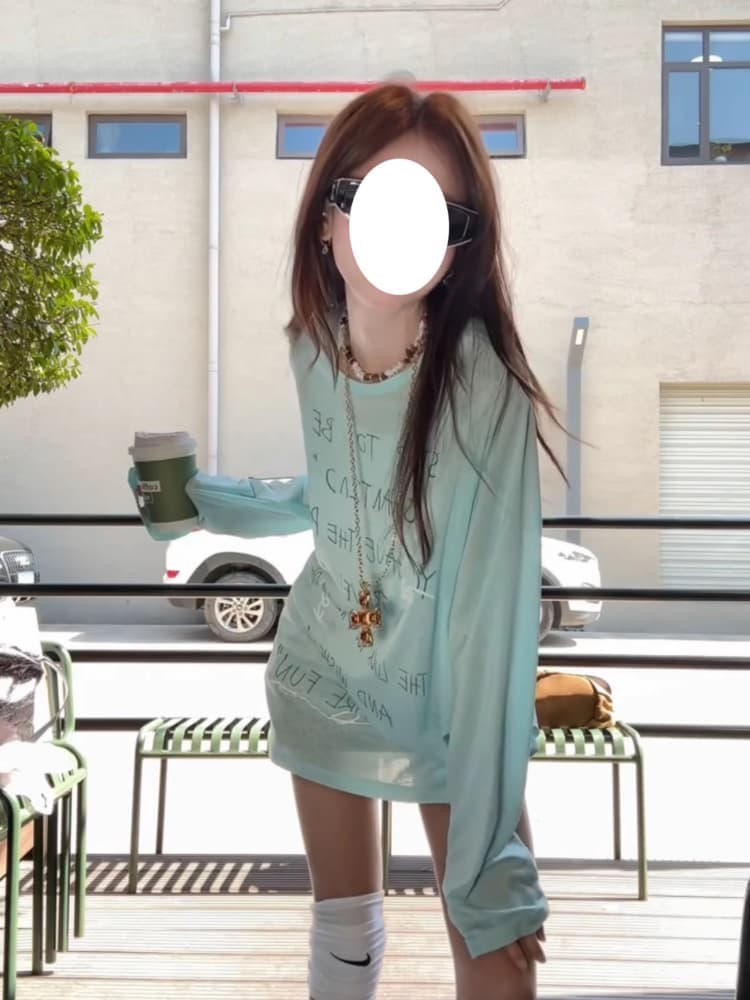 초기 가을 도파민 chic 한 부서 새로운 루즈핏 만나는 긴팔 알파벳 프린트 티셔츠 자외선 차단 맨위 상세 이미지 6