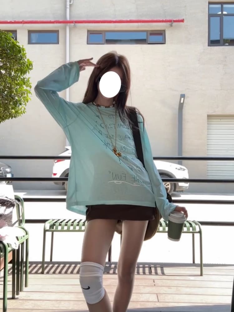 초기 가을 도파민 chic 한 부서 새로운 루즈핏 만나는 긴팔 알파벳 프린트 티셔츠 자외선 차단 맨위 상세 이미지 11