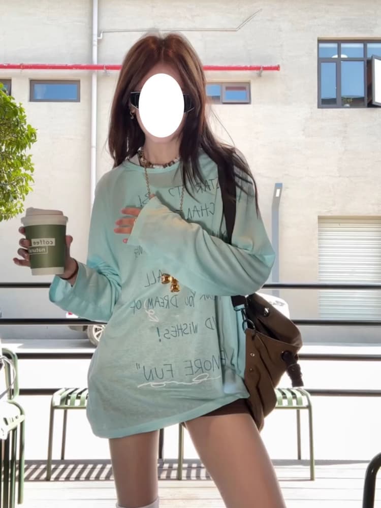 초기 가을 도파민 chic 한 부서 새로운 루즈핏 만나는 긴팔 알파벳 프린트 티셔츠 자외선 차단 맨위 상세 이미지 12