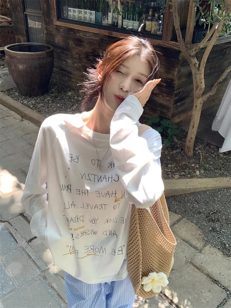 초기 가을 도파민 chic 한 부서 새로운 루즈핏 만나는 긴팔 알파벳 프린트 티셔츠 자외선 차단 맨위 상세 이미지 13