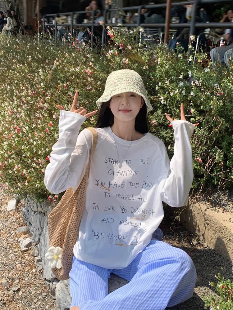 초기 가을 도파민 chic 한 부서 새로운 루즈핏 만나는 긴팔 알파벳 프린트 티셔츠 자외선 차단 맨위 상세 이미지 14