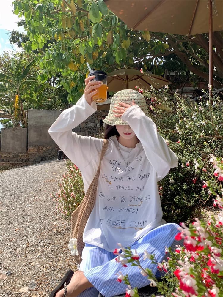 초기 가을 도파민 chic 한 부서 새로운 루즈핏 만나는 긴팔 알파벳 프린트 티셔츠 자외선 차단 맨위 상세 이미지 15
