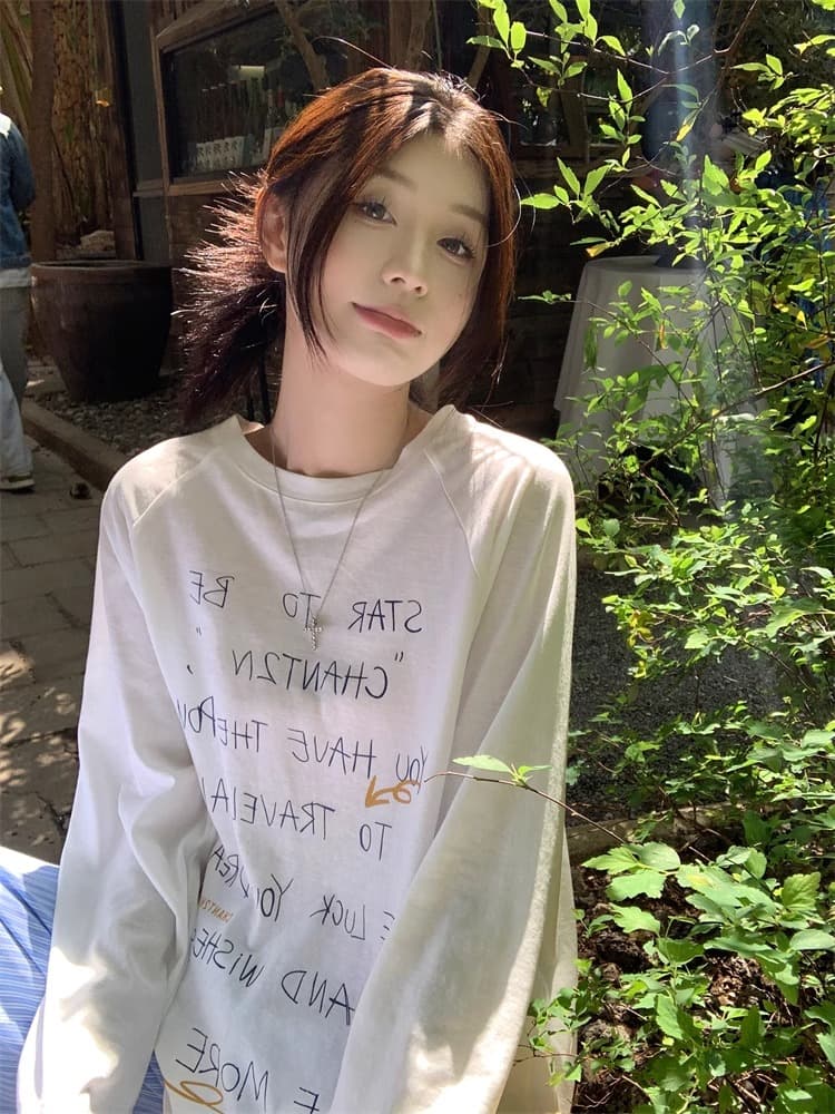초기 가을 도파민 chic 한 부서 새로운 루즈핏 만나는 긴팔 알파벳 프린트 티셔츠 자외선 차단 맨위 상세 이미지 16