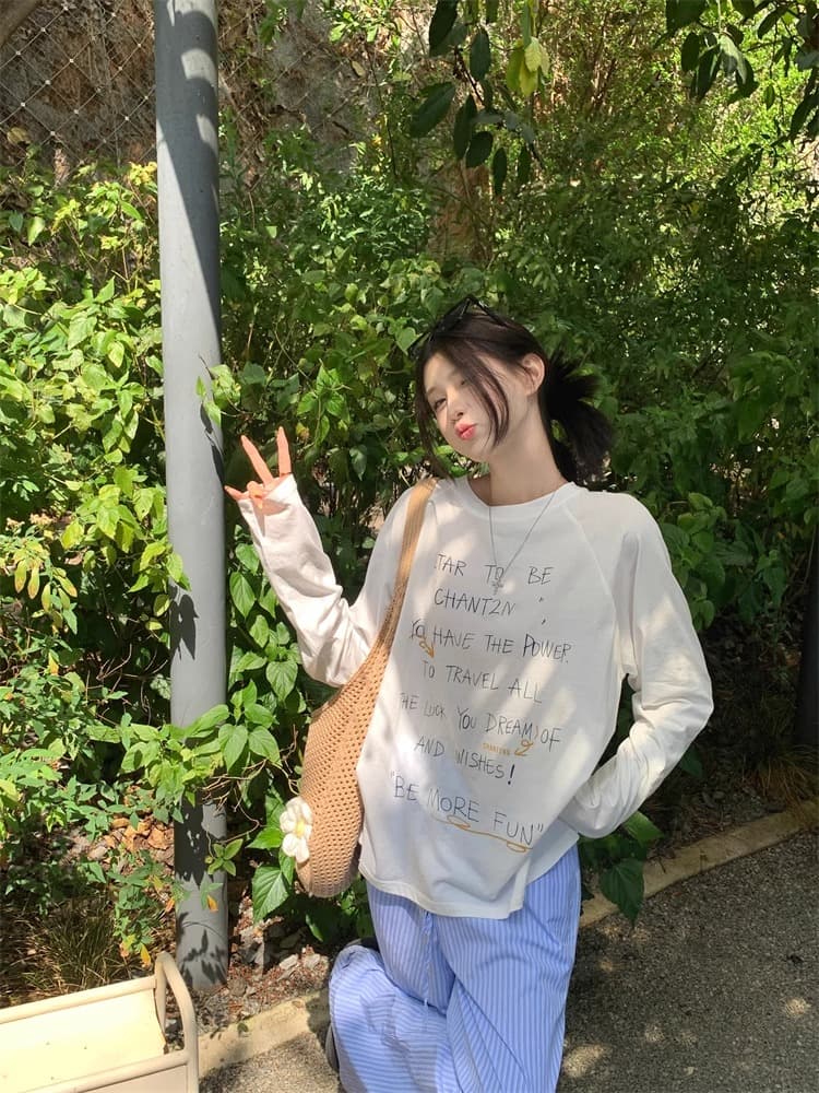 초기 가을 도파민 chic 한 부서 새로운 루즈핏 만나는 긴팔 알파벳 프린트 티셔츠 자외선 차단 맨위 상세 이미지 17