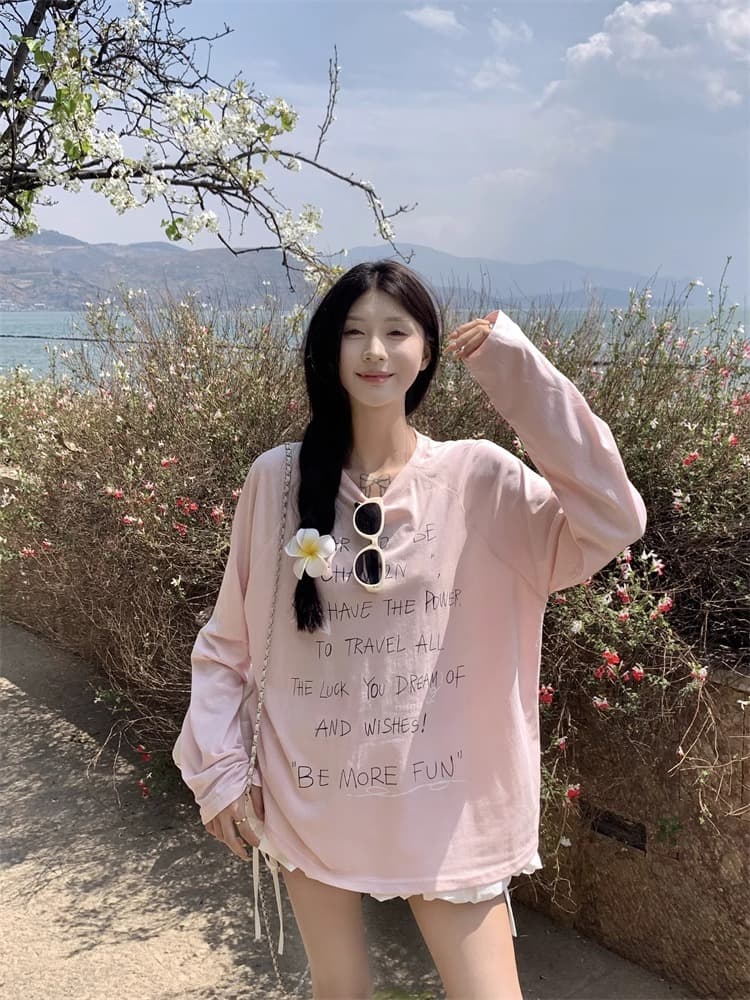 초기 가을 도파민 chic 한 부서 새로운 루즈핏 만나는 긴팔 알파벳 프린트 티셔츠 자외선 차단 맨위 상세 이미지 19