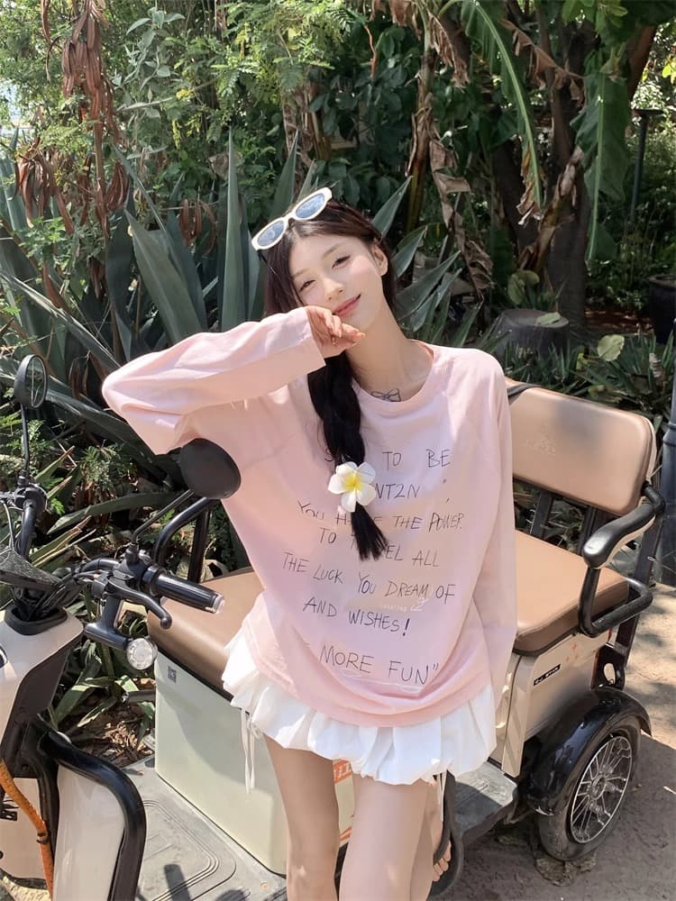 초기 가을 도파민 chic 한 부서 새로운 루즈핏 만나는 긴팔 알파벳 프린트 티셔츠 자외선 차단 맨위 상세 이미지 20