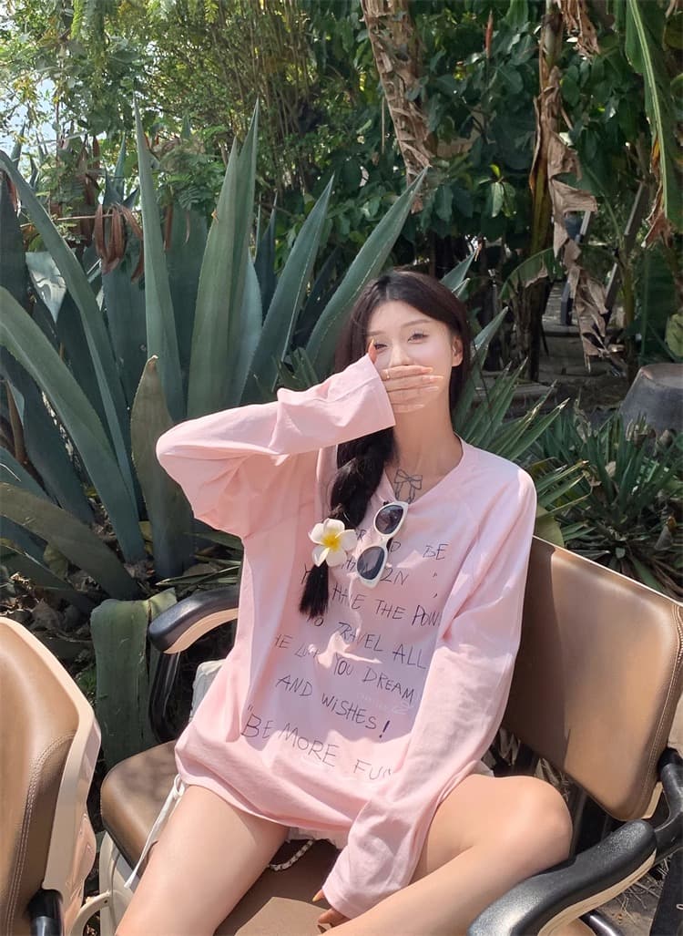 초기 가을 도파민 chic 한 부서 새로운 루즈핏 만나는 긴팔 알파벳 프린트 티셔츠 자외선 차단 맨위 상세 이미지 21