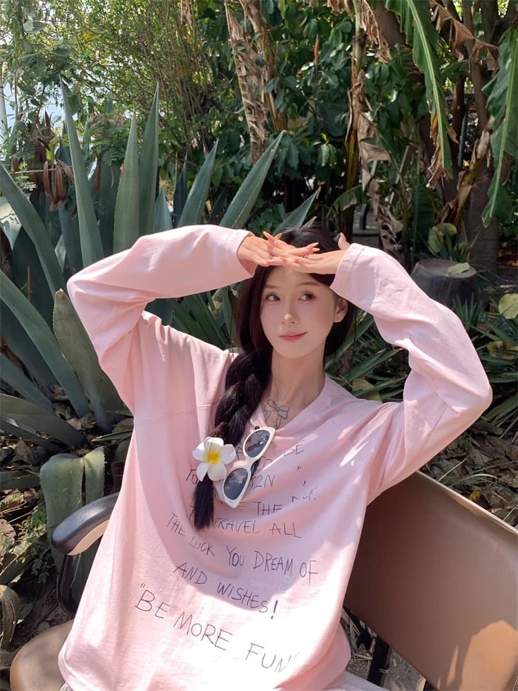 초기 가을 도파민 chic 한 부서 새로운 루즈핏 만나는 긴팔 알파벳 프린트 티셔츠 자외선 차단 맨위 상세 이미지 22