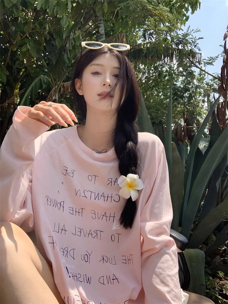 초기 가을 도파민 chic 한 부서 새로운 루즈핏 만나는 긴팔 알파벳 프린트 티셔츠 자외선 차단 맨위 상세 이미지 23