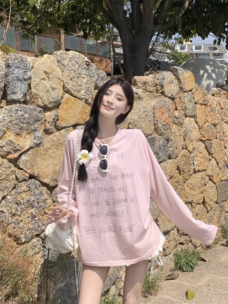 초기 가을 도파민 chic 한 부서 새로운 루즈핏 만나는 긴팔 알파벳 프린트 티셔츠 자외선 차단 맨위 상세 이미지 24