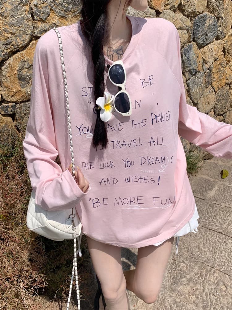 초기 가을 도파민 chic 한 부서 새로운 루즈핏 만나는 긴팔 알파벳 프린트 티셔츠 자외선 차단 맨위 상세 이미지 25