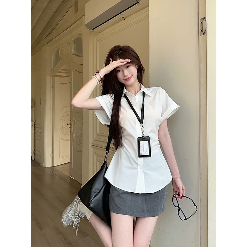 한 부서 반팔 셔츠 여성 의류 새로운 여름 디자인 센스 허리 수축 슬림해 보이는 주름 POLO 칼라 셔츠 ins