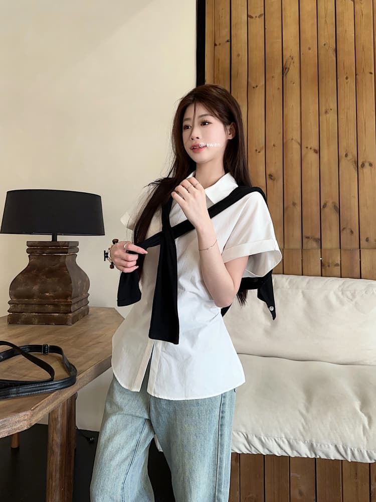 한 부서 반팔 셔츠 여성 의류 새로운 여름 디자인 센스 허리 수축 슬림해 보이는 주름 POLO 칼라 셔츠 ins 상세 이미지 4