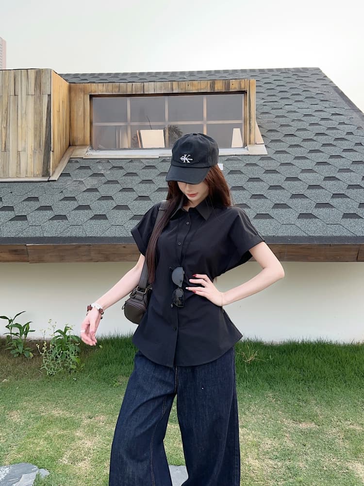 한 부서 반팔 셔츠 여성 의류 새로운 여름 디자인 센스 허리 수축 슬림해 보이는 주름 POLO 칼라 셔츠 ins 상세 이미지 23