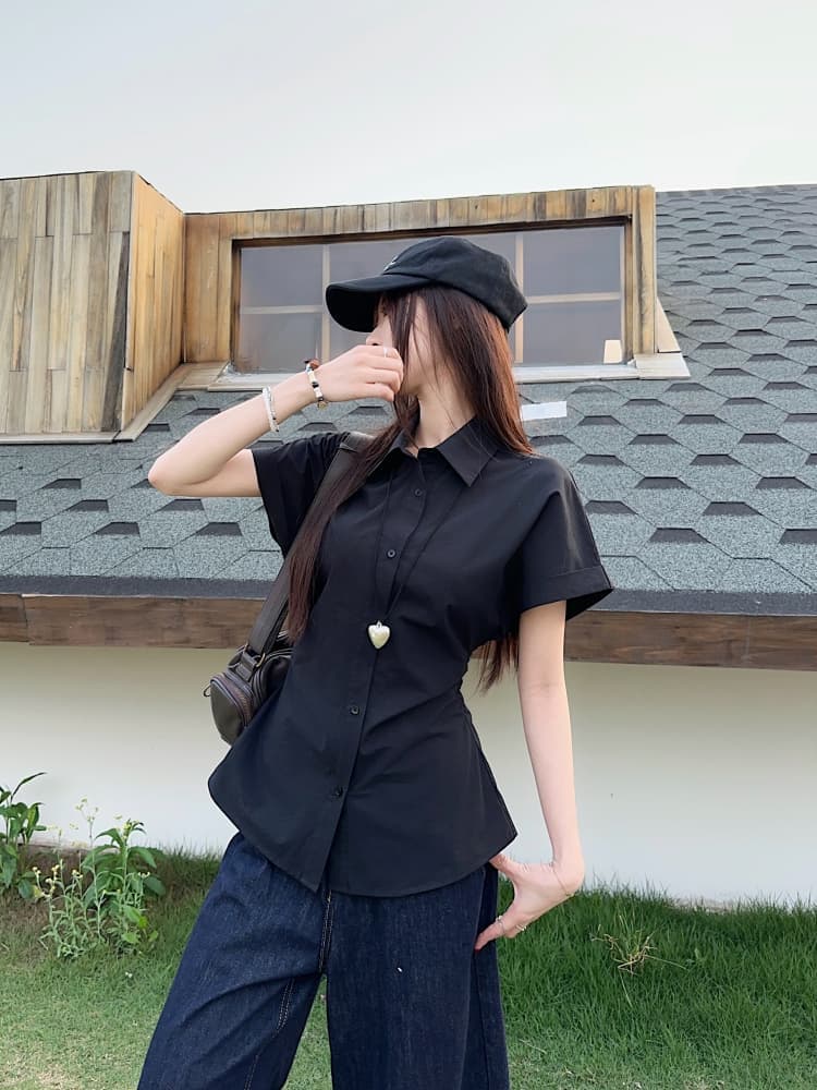 한 부서 반팔 셔츠 여성 의류 새로운 여름 디자인 센스 허리 수축 슬림해 보이는 주름 POLO 칼라 셔츠 ins 상세 이미지 24