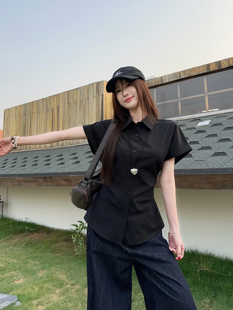 한 부서 반팔 셔츠 여성 의류 새로운 여름 디자인 센스 허리 수축 슬림해 보이는 주름 POLO 칼라 셔츠 ins 상세 이미지 25