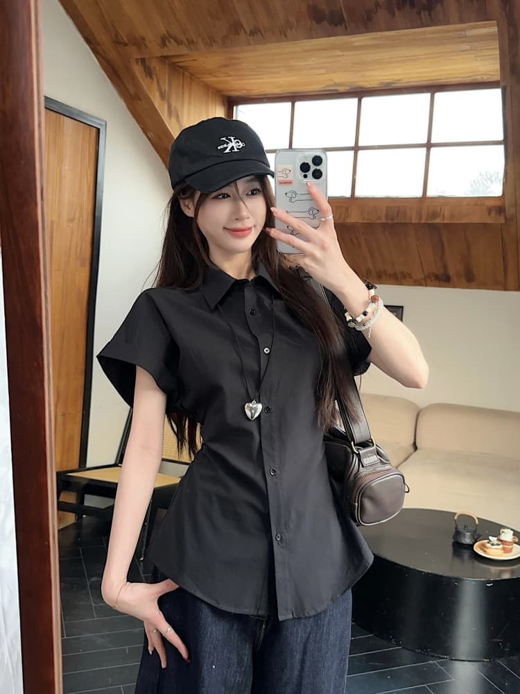 한 부서 반팔 셔츠 여성 의류 새로운 여름 디자인 센스 허리 수축 슬림해 보이는 주름 POLO 칼라 셔츠 ins 상세 이미지 29