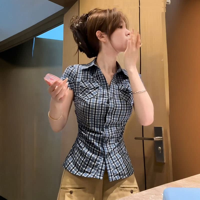 아메리칸 레트로 배색 체크무늬 반팔 셔츠 여름 몸매 가꾸기 슬림해 보이는 연령 감소 맨위 상세 이미지 2