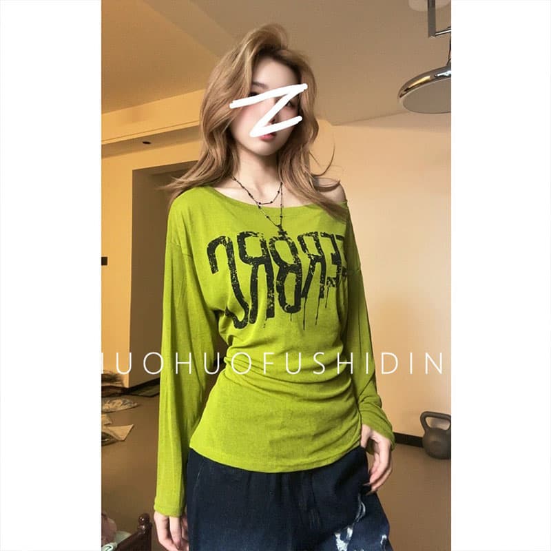 느긋한 바람 루즈핏 알파벳 프린트 긴팔 티셔츠 여성 의류 여름 한 부서 디자인 센스 캐주얼 다용도 맨위 이미지 2