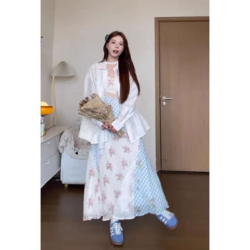 원본 것 프랑스식 화이트 레이스 나비 매듭 셔츠 봄 가을 자외선 차단 긴팔 맨위 상세 이미지 6