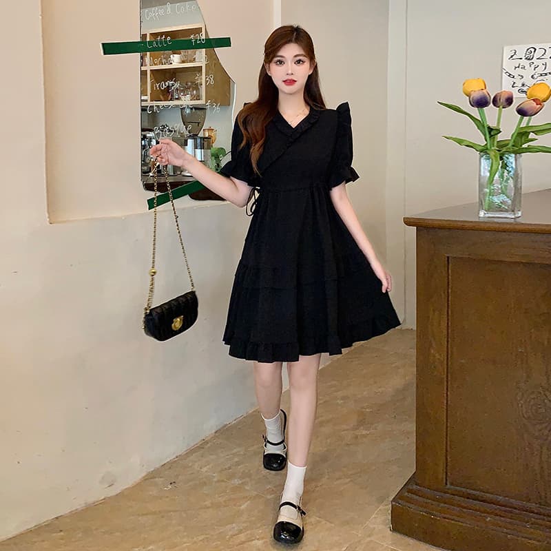 프랑스식 V넥 검정색 여성 드레스 여름 새로운 빅 사이즈 디자인 센스 품격 그는 벤 바람 블랙 치마 이미지 4