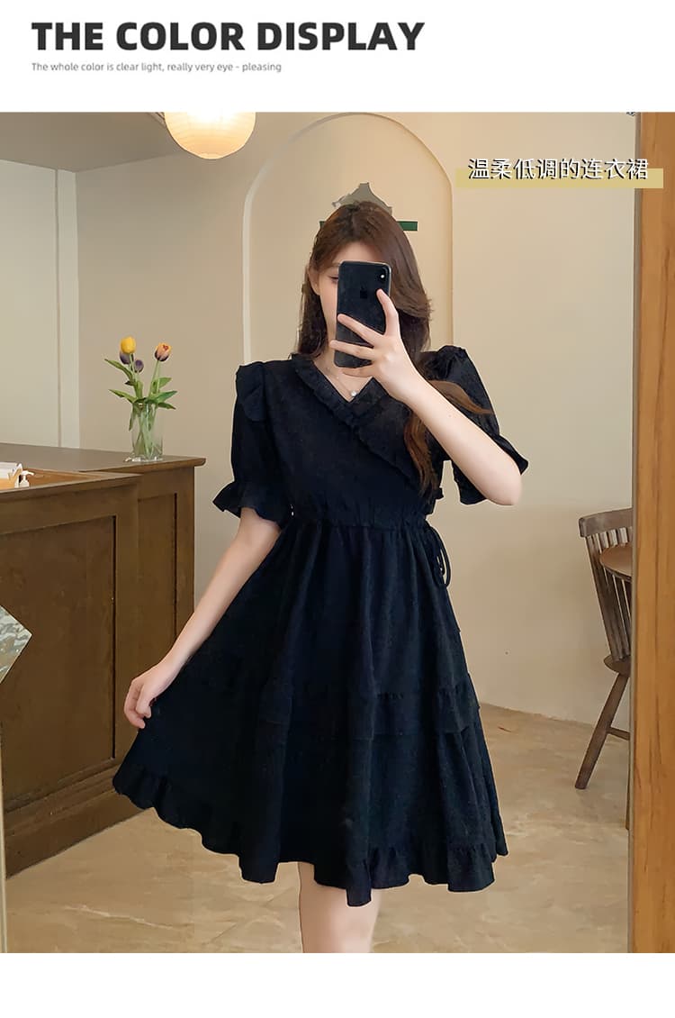 프랑스식 V넥 검정색 여성 드레스 여름 새로운 빅 사이즈 디자인 센스 품격 그는 벤 바람 블랙 치마 상세 이미지 4