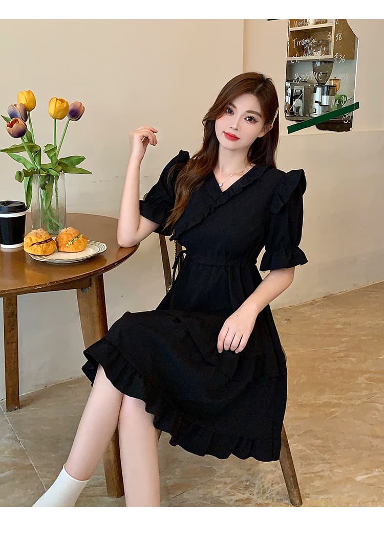 프랑스식 V넥 검정색 여성 드레스 여름 새로운 빅 사이즈 디자인 센스 품격 그는 벤 바람 블랙 치마 상세 이미지 17