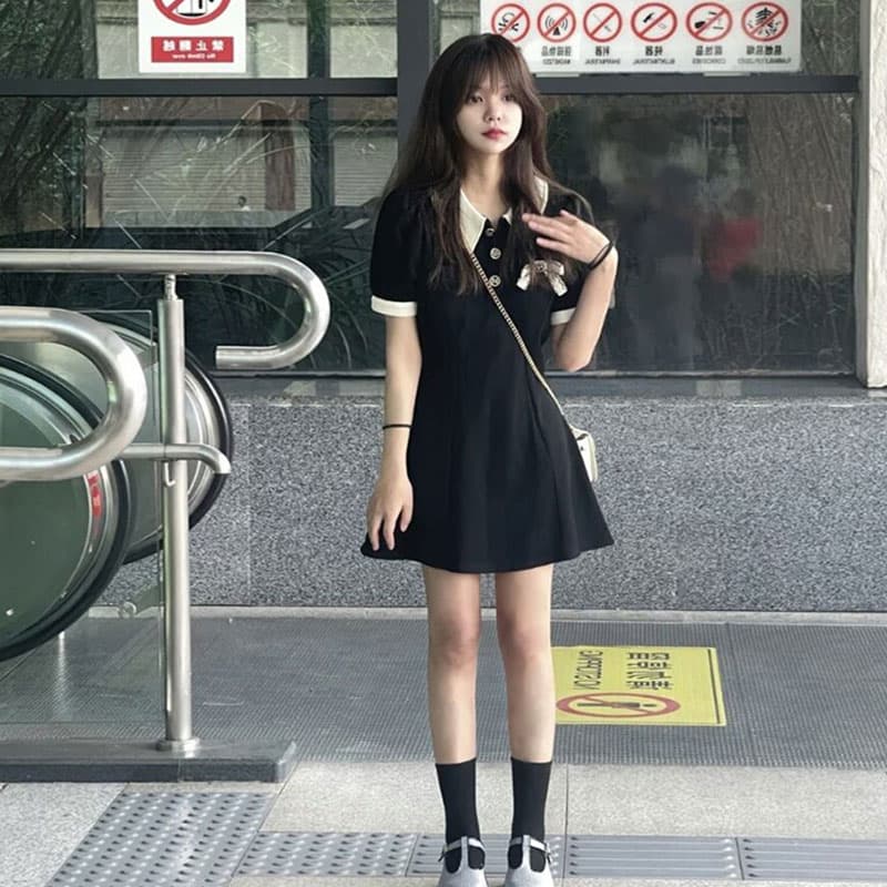 원단 것 있음 주머니 polo 드레스 여름 프랑스식 품격 슬림해 보이는 작은 검은 드레스 이미지 3