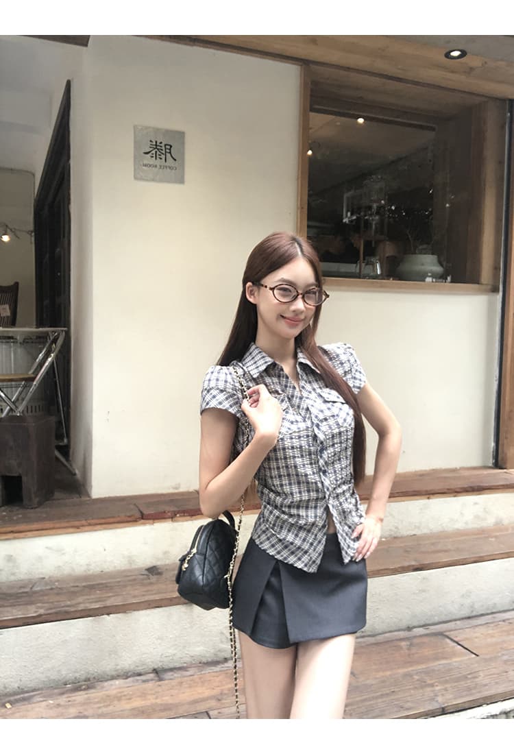원본 순면 원단 여름 새로운 반팔 긍정적 인 어깨 격자 무늬 셔츠 한 부서 레트로 몸매 가꾸기 맨위 상세 이미지 4