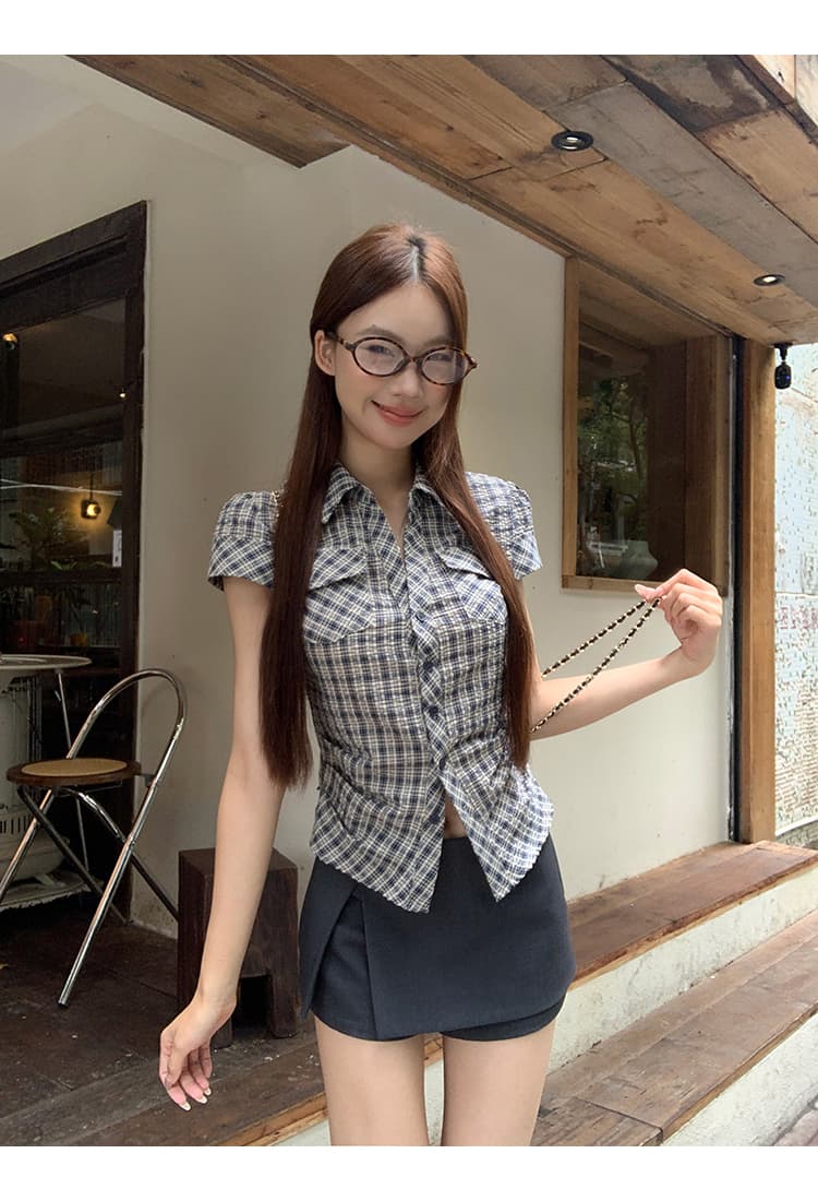 원본 순면 원단 여름 새로운 반팔 긍정적 인 어깨 격자 무늬 셔츠 한 부서 레트로 몸매 가꾸기 맨위 상세 이미지 7