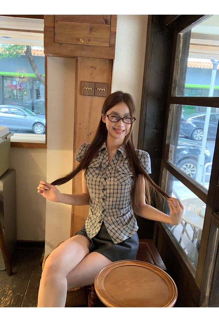 원본 순면 원단 여름 새로운 반팔 긍정적 인 어깨 격자 무늬 셔츠 한 부서 레트로 몸매 가꾸기 맨위 상세 이미지 19