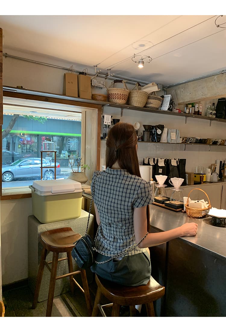 원본 순면 원단 여름 새로운 반팔 긍정적 인 어깨 격자 무늬 셔츠 한 부서 레트로 몸매 가꾸기 맨위 상세 이미지 21