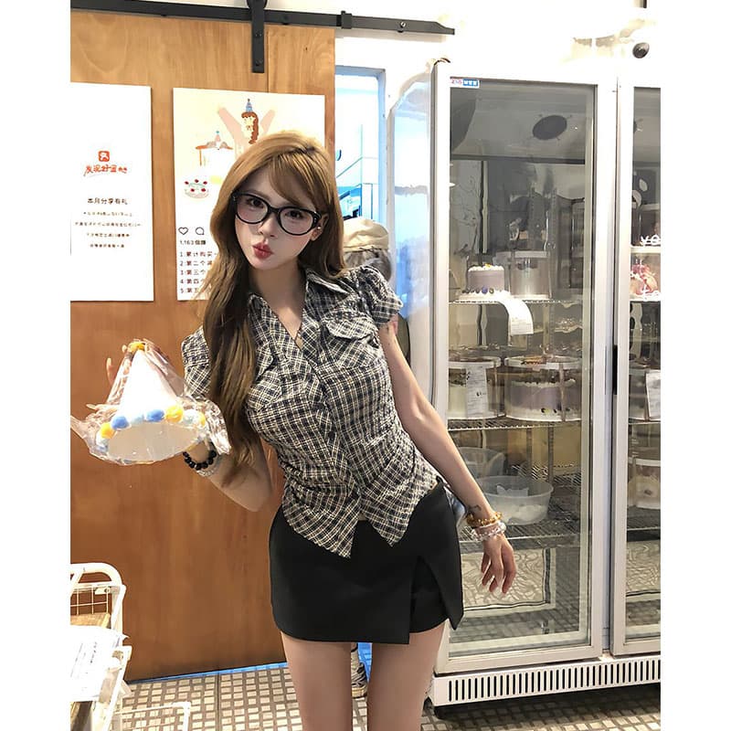 원본 순면 원단 고급 센스 격자 무늬 셔츠 여름 핫걸 허리 수축 몸매 가꾸기 품격 반팔 맨위 여성 이미지 2