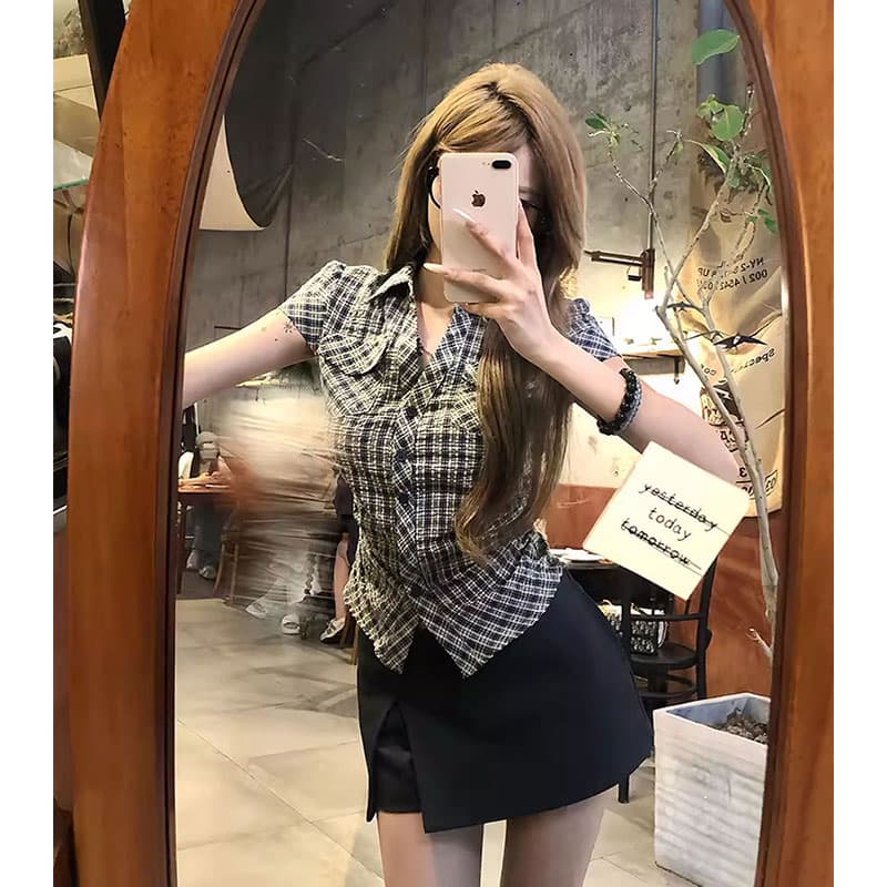 원본 순면 원단 고급 센스 격자 무늬 셔츠 여름 핫걸 허리 수축 몸매 가꾸기 품격 반팔 맨위 여성 이미지 5