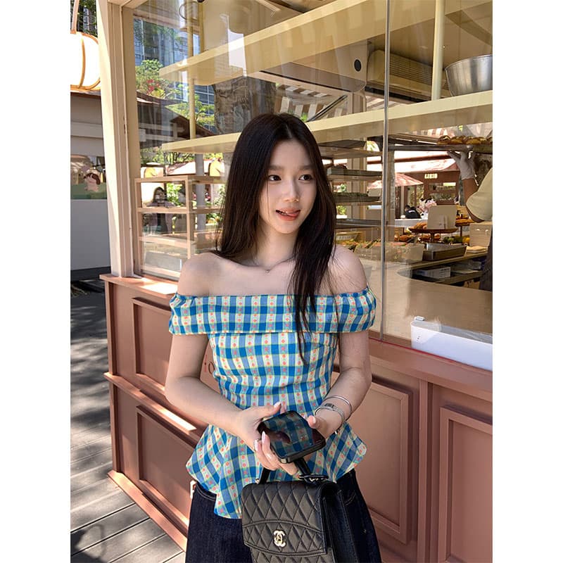 원본 품질 지퍼 네리 한 부서 파란색 체크무늬 오프숄더 셔츠 여름 작은 키 슬림해 보이는 맨위 이미지 2