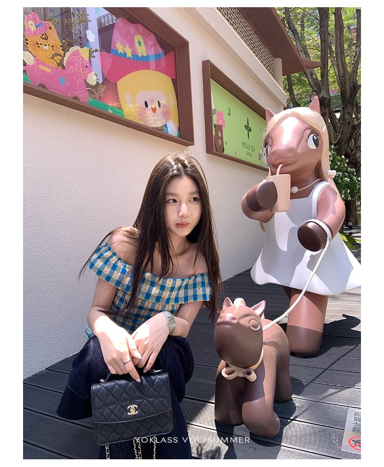 원본 품질 지퍼 네리 한 부서 파란색 체크무늬 오프숄더 셔츠 여름 작은 키 슬림해 보이는 맨위 상세 이미지 6