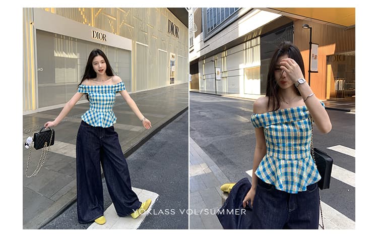 원본 품질 지퍼 네리 한 부서 파란색 체크무늬 오프숄더 셔츠 여름 작은 키 슬림해 보이는 맨위 상세 이미지 7